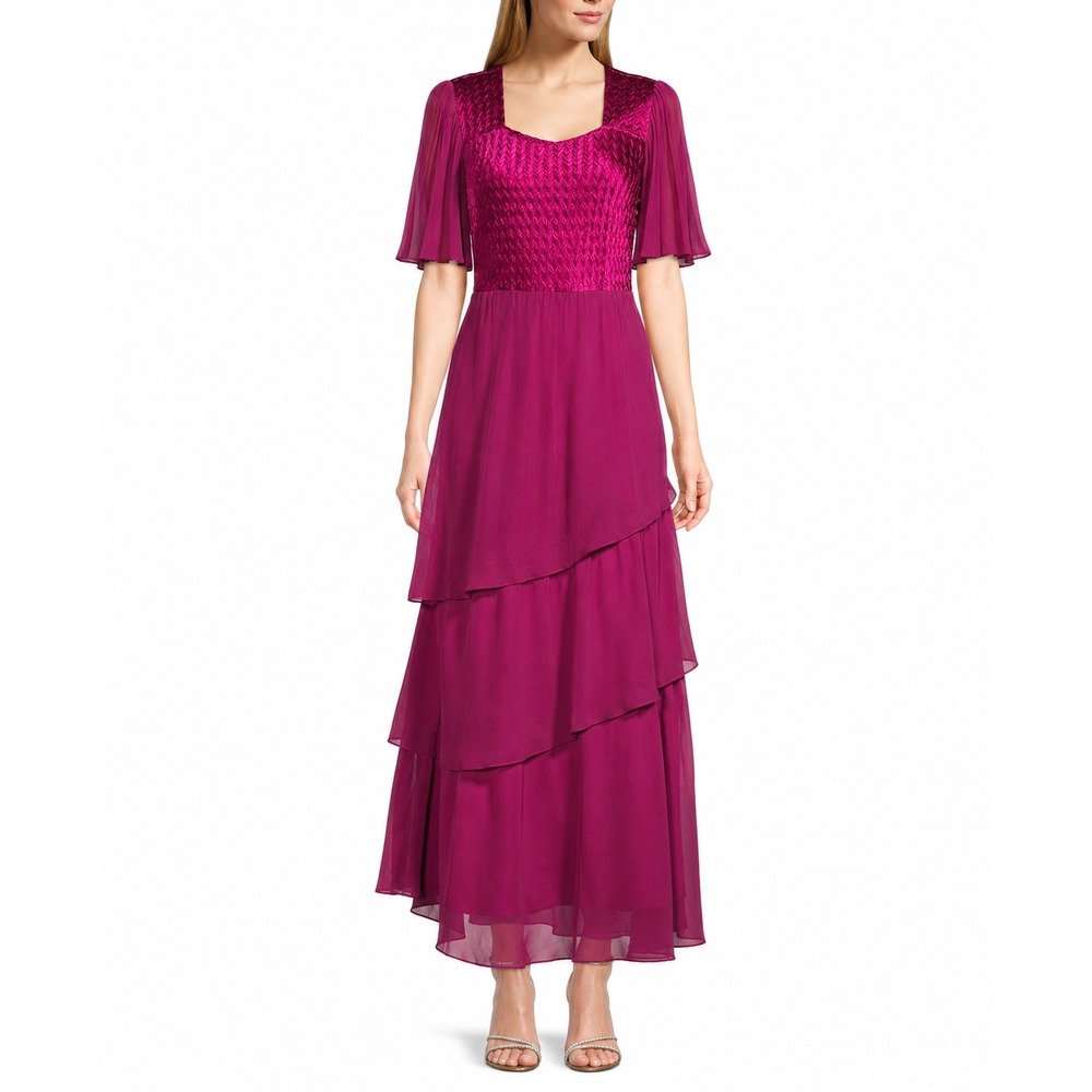 Komarov Square Neck Tiered Bottom Chiffon Sleeve Gown in Magenta Size XL